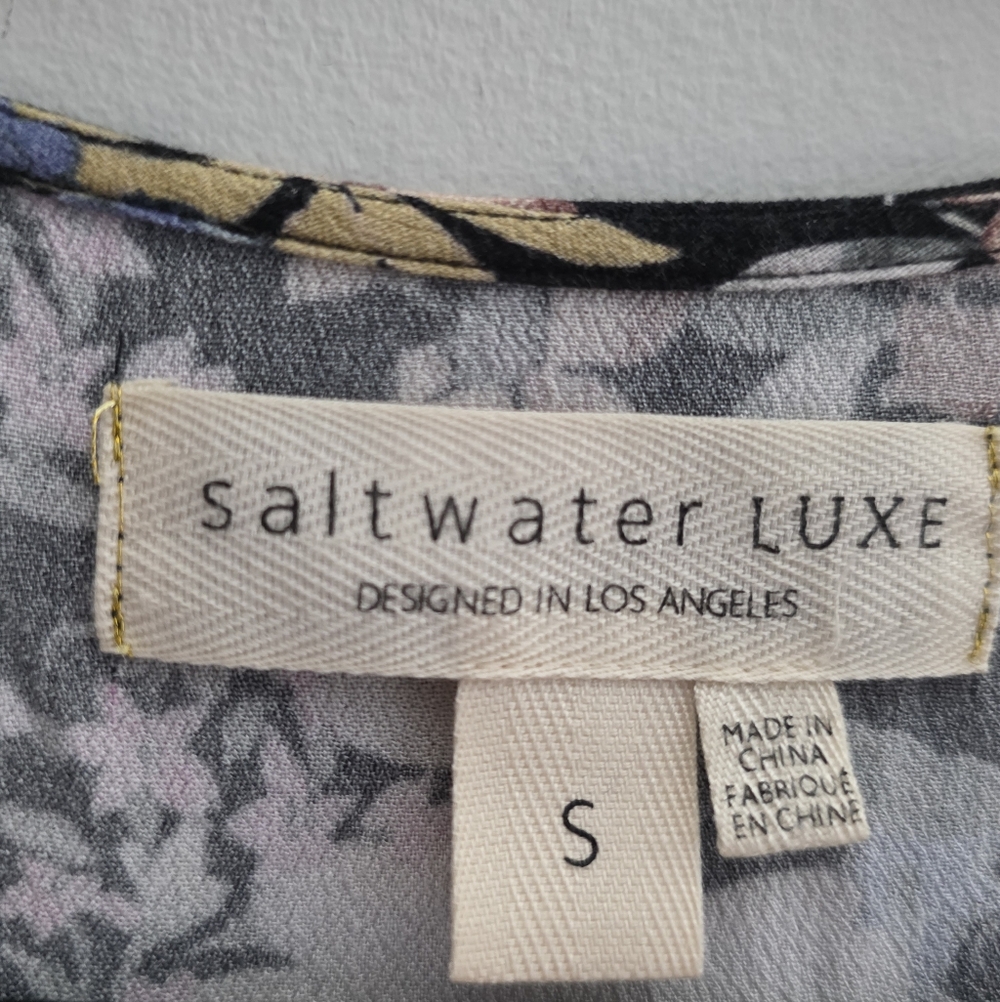 Saltwater Luxe Floral Mini Dress Small Black Pink Boho Tie Front Puff Sleeve - Picture 12 of 13